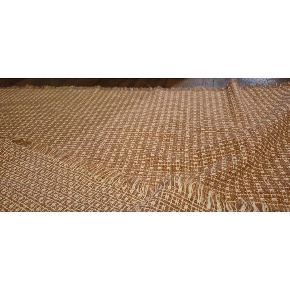 Vintage Woven Fringe Throw Blanket Tan Cream Check 78x57 Boho Cottagecore